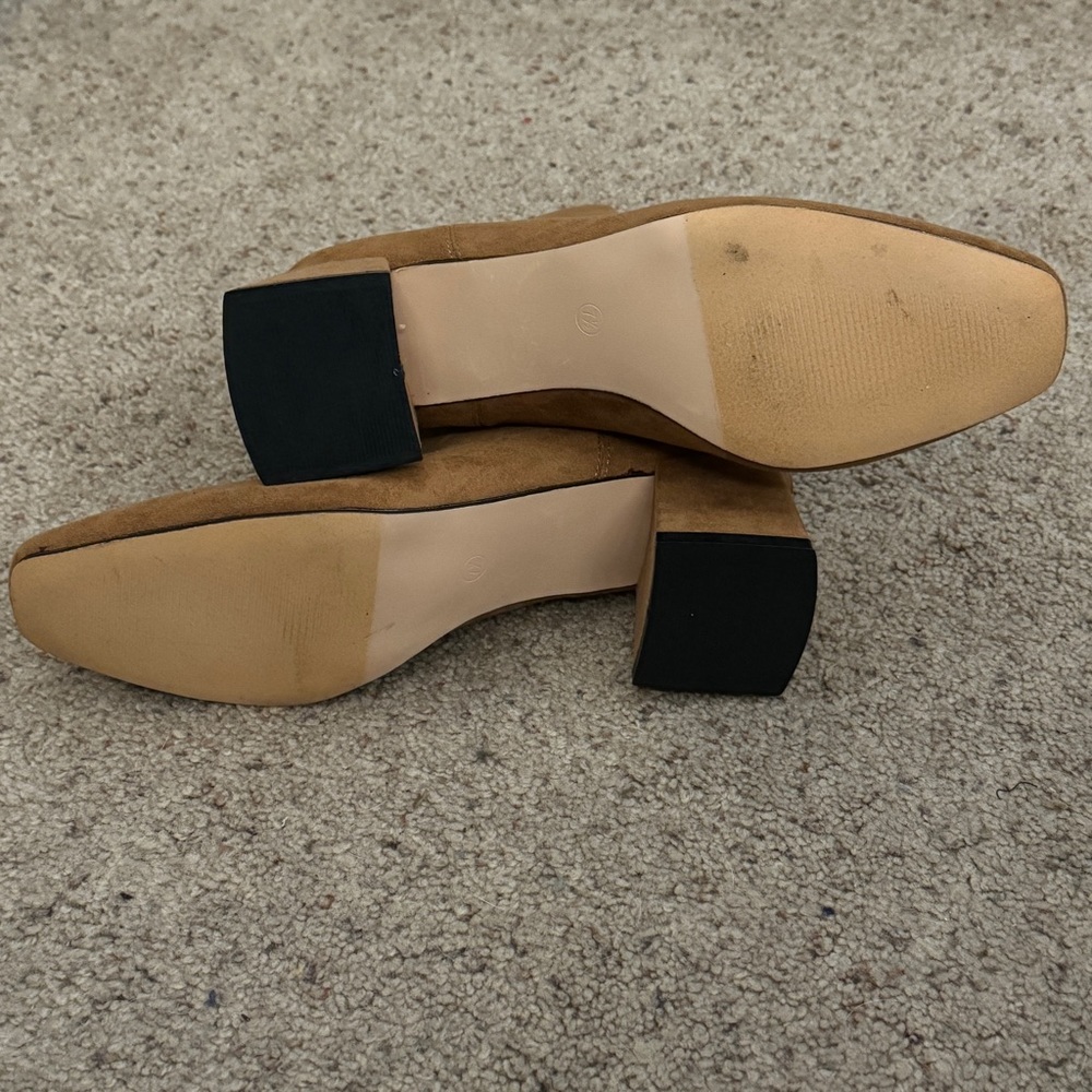 Lulus Square Toed Block Heel Camel Color Suede Ankle Boots - Picture 6 of 16